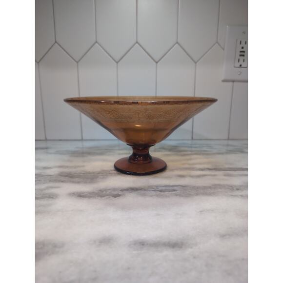 Amber‎ Glass Pedestal Bowl with Etched Edge, Floral Design, Vintage Centerpiece - Picture 1 of 10